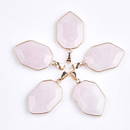 Natural Rose Quartz Pendants, with Brass Findings, Faceted, Shield, Golden, 36x22.5x6mm, Hole: 8x4.5mm(G-S344-12D)