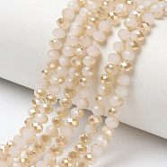 Electroplate Glass Beads Strands, Imitation Jade Beads, Half Plated, Rainbow Plated, Faceted, Rondelle, Bisque, 10x8mm, Hole: 1mm, about 63~65pcs/strand, 19.2~20 inch(48~50cm)(EGLA-A034-J10mm-K07)