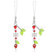 Strawberry & Leaf & Flower Handmade Lampwork Mobile Straps, for Mobile Accessories Bag Decoration, Red, 140x15mm(HJEW-WH0007-31)
