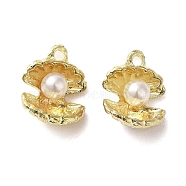 Alloy with Rhinestone Pendants, with ABS Imitation Pearl, Shell Shape Charms, Golden, 15.5x12.5x6.5mm, Hole: 1.6mm(FIND-B032-07G)
