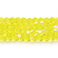 Transparent Electroplate Glass Beads Strands, AB Color Plated, Faceted, Bicone, Yellow, 4x4mm, Hole: 0.8mm, about 82~85pcs/strand, 12.01~12.2 inch(30.5~31cm)(EGLA-A039-T4mm-L21)