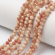 Electroplate Opaque Solid Color Glass Beads Strands, Half Plated, Rainbow Plated, Faceted, Rondelle, PeachPuff, 4x3mm, Hole: 0.4mm, about 123~127pcs/strand, 16.5~16.9 inch(42~43cm)(EGLA-A034-P4mm-J13)
