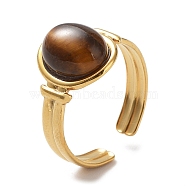 Natural Tiger Eye Oval Open Cuff Rings, Golden Tone 304 Stainless Steel Jewelry for Women, US Size 7 1/4(17.5mm)(RJEW-Z024-01G)