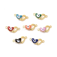 Brass Enamel Connector Charms, Real 18K Gold Plated, Double Heart with Evil Eye Pattern, Mixed Color, 6x14x3mm, Hole: 1.2mm(KK-J302-12G)
