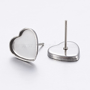 304 Stainless Steel Ear Stud Findings, Heart, Stainless Steel Color, Tray: 11.5x10mm, 11x12x1.5mm, Pin: 0.8mm(STAS-P198-21)