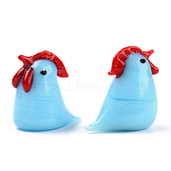 Handmade Lampwork Home Decorations, 3D Rooster/Cock Ornaments for Gift, Light Sky Blue, 34.5~37.5x24x35.5~37.5mm(LAMP-T011-50)