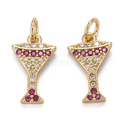 Brass Cubic Zirconia  Charms, with Jump Ring, Long-Lasting Plated, Lead Free & Cadmium Free, Wine Glass, Real 18K Gold Plated, Deep Pink, 12x7x1.5mm, Jump Ring: 4x0.8mm, 2.5mm Inner Diameter(ZIRC-C024-13G)