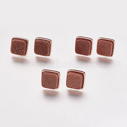 Synthetic Goldstone Stud Earrings, with Brass Findings, Real Rose Gold Plated, Square, 12x12x4.5~6mm, Pin: 1mm(EJEW-F139-A05)
