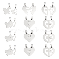 12Sets 3 Style 201 Stainless Steel Split Pendants, Butterfly, Heart with Heart, Heart with Cross, Stainless Steel Color, 22.5~27x29~31x1mm, Hole: 8x4mm, 4set/style(STAS-DC0008-47)
