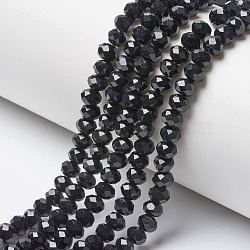 Opaque Solid Color Glass Beads Strands, Faceted, Rondelle, Black, 6x5mm, Hole: 1mm, about 87~90pcs/strand, 17~17.5 inch(42.5~43.75cm)(EGLA-A034-P6mm-D18)