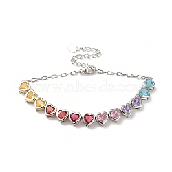 Colorful Cubic Zirconia Heart Link Bracelet, Rack Plating Brass Jewelry for Women, Cadmium Free & Lead Free, Platinum, 7-3/8 inch(18.8cm)(BJEW-E073-02P)