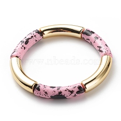 Acrylic Curved Tube Beaded Stretch Bracelet, Chunky Bamboo Friendship Braceelet for Women, Pink, Inner Diameter: 2-1/8 inch(5.3cm)(BJEW-JB08444-01)