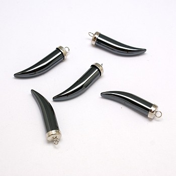 Non-magnetic Synthetic Hematite Pendants, Grade AA, with Brass Findings, Ivory/Tusk Shape, Platinum, 35.5~37x8x8mm, Hole: 2.5mm