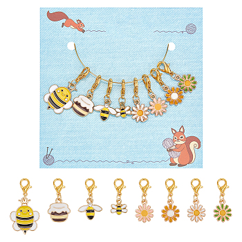 Bees & Flower Alloy Enamel Pendant Locking Stitch Markers, Crochet Lobster Clasp Charms, Mixed Color, 2.2~3.6cm, 8 style, 1pc/style, 8pcs/set
