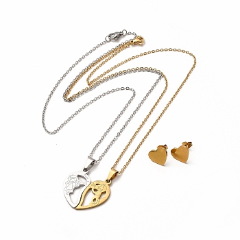 Heart with Boy & Girl Matching Couple Pendant Necklaces & Stud Earrings, Vacuum Plating 304 Stainless Steel Word Love You Jewelry Set for Valentine's Day, Golden & Stainless Steel Color, 446mm, 10x12mm, Pin: 0.8mm