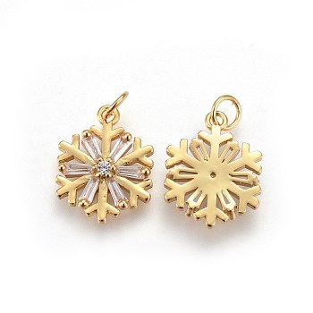 Brass Cubic Zirconia Pendants, Long-Lasting Plated, Snowflake, Clear, Real 18K Gold Plated, 17x13.2x3mm, Hole: 3.5mm