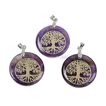 Natural Amethyst Flat Round Pendants, Tree of Life Charms with Rack Plating Platinum Tone Brass Snap on Bails, Cadmium Free & Lead Free, 30.5~32x25~25.5x6.5~7.5mm, Hole: 4.5x3.5mm