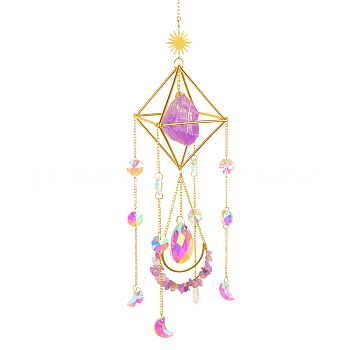 Geometric Natural Raw Amethyst Suncatchers, AB Color Plated Glass Rainbow Maker, Wall Pendant Hanging Ornament for Home Garden Decoration, 450mm