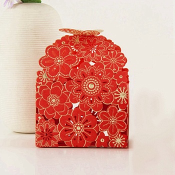 Butterfly & Hollow out Flowers Pattern Paper Fold Candy Boxes, Bakery Box, Baby Shower Gift Box, Red, 9x6x11cm