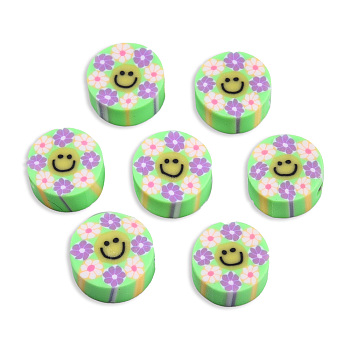 Handmade Polymer Clay Beads, Flat Round with Smiling Face & Flower, Pale Green, 8.5~10x4.5mm, Hole: 1.5mm