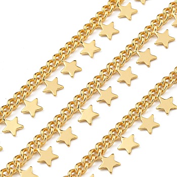 Brass Link Chains, Soldered, with Spool, Cadmium Free & Lead Free, Star, Real 18K Gold Plated, 7mm