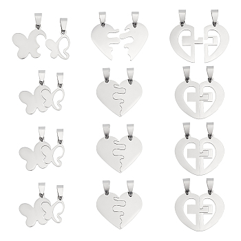 12Sets 3 Style 201 Stainless Steel Split Pendants, Butterfly, Heart with Heart, Heart with Cross, Stainless Steel Color, 22.5~27x29~31x1mm, Hole: 8x4mm, 4set/style