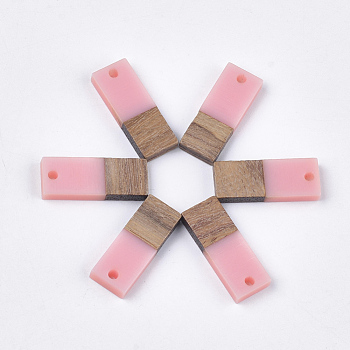 Resin & Walnut Wood Pendants, Rectangle, Pink, 22.5~23x8.5~9x3.5mm, Hole: 2mm