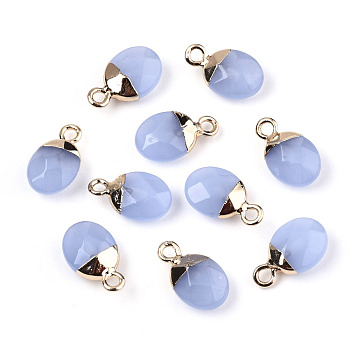 Faceted Glass Charms, with Light Gold Plated Iron Loop, Oval, Light Steel Blue, 14~15x8x5mm, Hole: 1.8mm