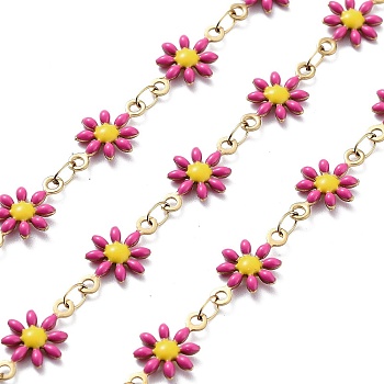 304 Stainless Steel Link Chains, with Resin & Enamel & Spool, Unwelded, Real 18K Gold Plated, Flower, Hot Pink, 12.5x7x2mm, about 32.81 Feet(10m)/Roll