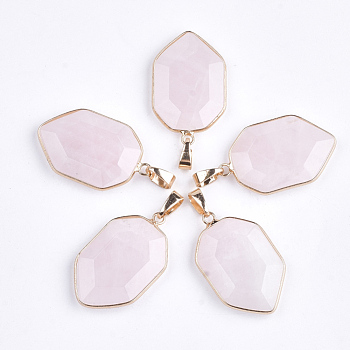 Natural Rose Quartz Pendants, with Brass Findings, Faceted, Shield, Golden, 36x22.5x6mm, Hole: 8x4.5mm