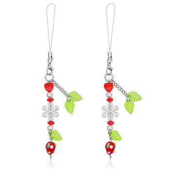 Strawberry & Leaf & Flower Handmade Lampwork Mobile Straps, for Mobile Accessories Bag Decoration, Red, 140x15mm
