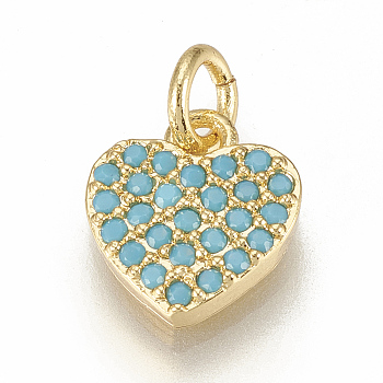 Brass Micro Pave Cubic Zirconia Charms, with Jump Rings, Heart, Golden, 10x9x2mm, Hole: 3mm
