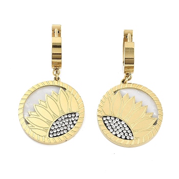 Flat Round with Sunflower 304 Stainless Steel Dangle Earrings, Rhinestone Hoop Earrings for Women, Real 18K Gold Plated, 38.5x19.5mm