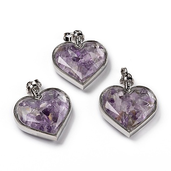 Glass Bottle Pendants, with Natural Amethyst Chips and Platinum Plated Alloy Findings, Heart, 40x32.5x11mm, Hole: 8x5mm