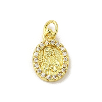 Brass Micro Pave Cubic Zirconia Charms, Real 18K Gold Plated, Virgin Mary Pattern Charms, Oval, Clear, 14.5x9.5x2mm, Hole: 3mm