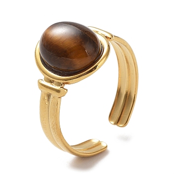 Natural Tiger Eye Oval Open Cuff Rings, Golden Tone 304 Stainless Steel Jewelry for Women, US Size 7 1/4(17.5mm)
