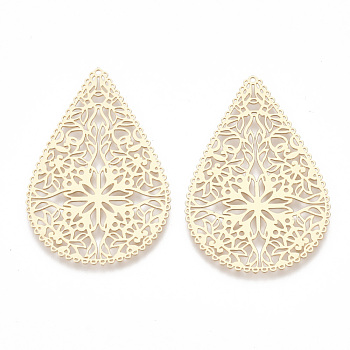 Brass Filigree Joiners Links, Etched Metal Embellishments, Teardrop, Light Gold, 40x26.5x0.3mm, Hole: 0.9mm