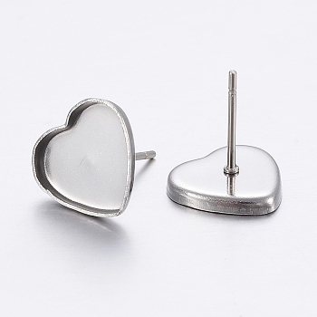 304 Stainless Steel Ear Stud Findings, Heart, Stainless Steel Color, Tray: 11.5x10mm, 11x12x1.5mm, Pin: 0.8mm