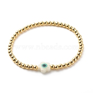 Brass Round & Shell Flower Beaded Stretch Bracelet for Women, Golden, Inner Diameter: 2-1/4 inch(5.6cm)(BJEW-JB08604)