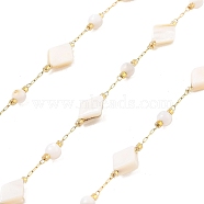 Ion Plating(IP) 304 Stainless Steel Paperclip Chains, Soldered, with Shell Beads, Rhombus, Real 18K Gold Plated, 10.5x7.5x3.5mm, about 16.40 Feet(5m)/Roll(CHS-P018-18G)