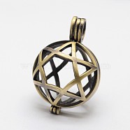 Filigree Round with Star of David Brass Locket Pendants, for Jewish, Cage Pendants, Lead Free & Cadmium Free, Antique Bronze, 37x25.5x22mm, Hole: 6x4mm, Inner: 22mm(KK-N0093-10AB-RS)