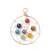 7 Chakra Gemstone Big Pendants, Flat Round Charms with Natural & Synthetic Mixed Stone Round Beads, with Eco-Friendly Copper Wire Wrapped, Mixed Dyed and Undyed, Real 18K Gold Plated, 51x40x6mm, Hole: 5.2mm(PALLOY-JF01953)