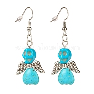 Synthetic Turquoise Skull with Wings Dangle Earrings, Halloween Brass Jewelry for Women, Dark Turquoise, 50mm, Pin: 0.7mm(EJEW-JE04944-04)