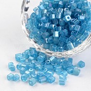 6/0 Cube Transparent Colours Rainbow Plated Round Hole Glass Seed Beads, Steel Blue, 3.5~4x2.5~3mm, Hole: 0.5mm, about 5500pcs/450g(SEED-I003-F103)