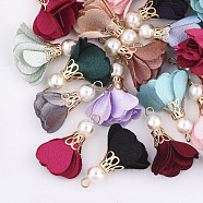 Cloth Pendants, with Iron Findings and ABS Plastic Imitation Pearl, Flower, Light Gold, Mixed Color, 32~34x19~30mm, Hole: 2mm(FIND-S300-30)