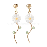 Sunflower Natural Shell Beads Long Dangle Stud Earrings for Her, Wire Wrap Drop Earrings, Golden, White, 50mm, Pin: 0.8mm(X1-EJEW-TA00021)