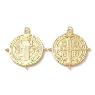 Rack Plating Brass Pendants, with Jump Ring, Cadmium Free & Lead Free, Flat Round with Cssml Ndsmd Cross God Father Religious Christianity, Real 18K Gold Plated, 30.5x30x3mm, Hole: 1.2mm(KK-M254-13A-G)