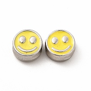 Rack Plating Alloy Enamel Beads, Cadmium Free & Nickel Free & Lead Free, Flat Round with Smiling Face Pattern, Platinum, Gold, 7.5x4mm, Hole: 2mm(FIND-G051-01P-02)
