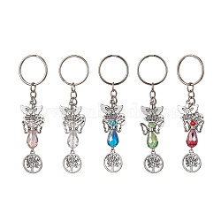 Glass Angel & Alloy Tree of Life Pendant Keychains, with Iron Split Key Rings, Mixed Color, 9.6cm(KEYC-JKC00652)
