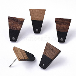 Resin & Walnut Wood Stud Earring Findings, with 304 Stainless Steel Pin, Trapezoid, Black, 18x12.5mm, Hole: 1.8mm, Pin: 0.7mm(MAK-N032-001A-B01)